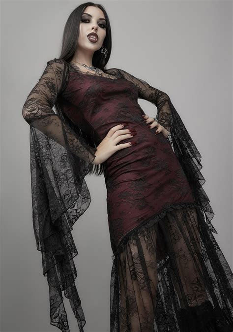 Widow Bell Sleeve Sheer Lace Maxi Dress With Slip Liner Black Wine