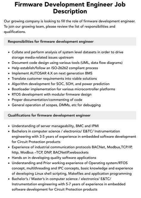 Firmware Development Engineer Job Description Velvet Jobs