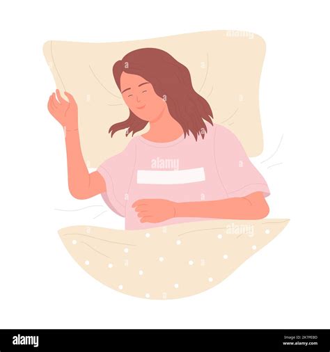 Smiling Sleeping Girl Asleep In Bedroom Bed Dreaming Time Vector Illustration Stock Vector