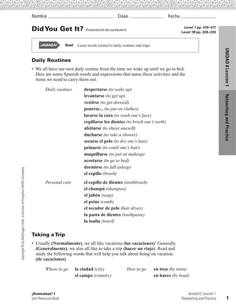 I know it's a bit early, but it's good to get a head start! Answer Key Unidad 4 Leccion 1 Reteaching And Practice ...