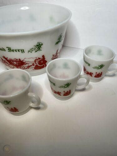 Vintage Tom Jerry Egg Nog Punch Bowl Set Hazel Atlas Milk Glass