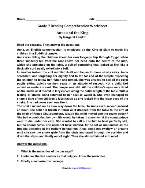 Reading Worksheets Seventh Grade Reading Worksheets
