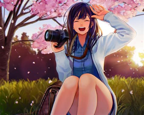 Black Hair Camera Cherry Blossoms Cropped Flowers Grass Long Hair