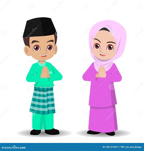 Malay Girl And Boy Celebrating Hari Raya Aidilfitri Cartoon Vector