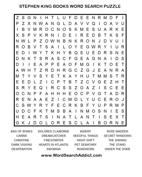 Stephen King Books Printable Word Search Puzzle Word Puzzles Word