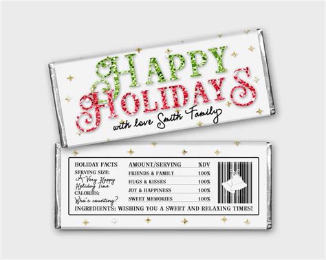 Happy Holidays Chocolate Bar Wrapper Gold Red And Green Glitters