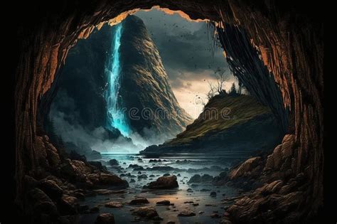 Waterfall Inside Cave Generative Ai Stock Illustration Illustration