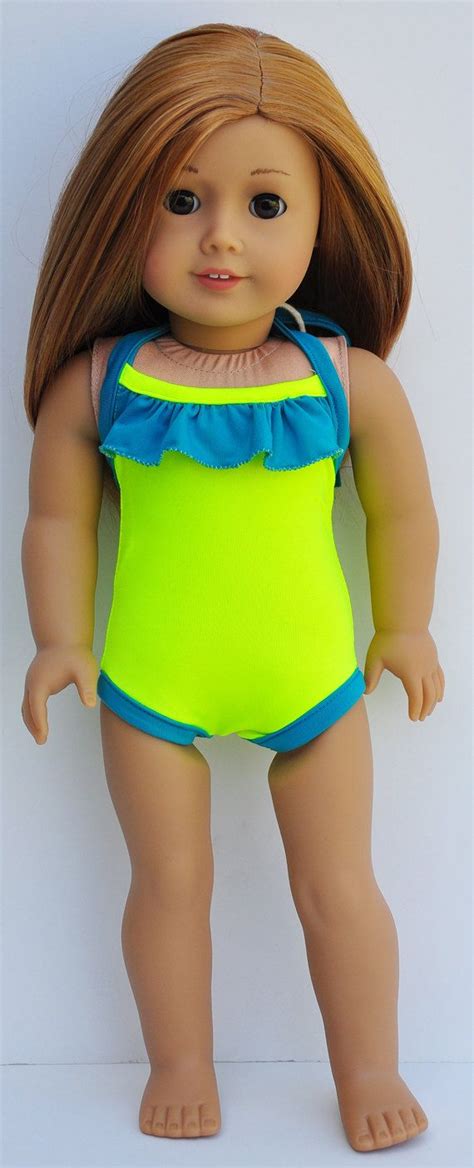American Girl Bathing Suit Neon Yellow And Turquoise Ruffled One