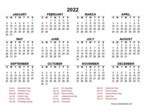 Calendar Labs 2022 Yearly Calendar 2022
