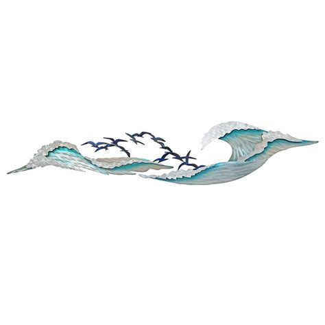 Set Of 3 Large Seagulls And Waves Painted Coastal Metal Wall Art Plaque