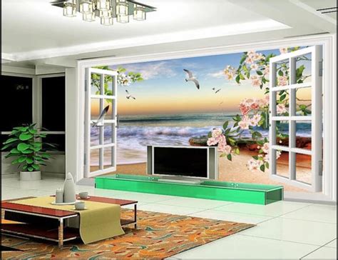 Wdbh Custom Photo 3d Wallpaper Window Sea Flowers Tv Background Living