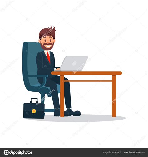 Smiling Businessman Working With Laptop Computer Business