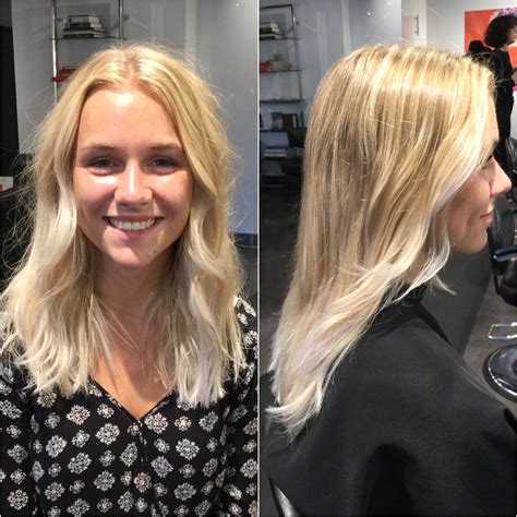 Sunny blonde blended into icy white blonde ends. Platinum blonde. Icy blonde. Blonde balayage ...