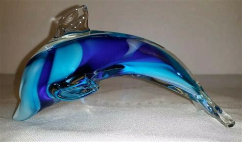 Vintage Murano Dolphin Bluewhite Clear Marine Paperweight Art Glass 6