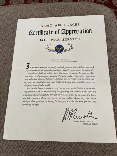 Vintage Wwii Army Air Forces Certificate Of Appreciation For War