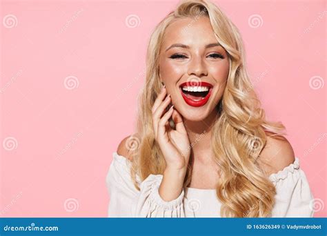Image Closeup Of Happy Beautiful Woman Wearing Red Lipstick Laughing