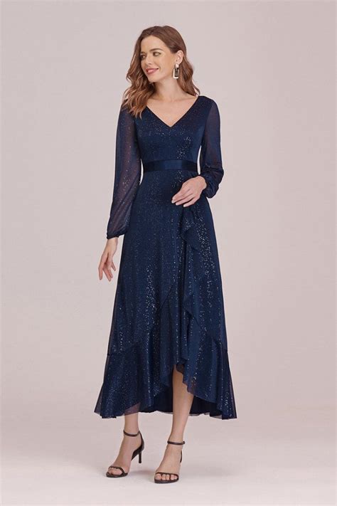 Elegant Navy Blue Sparkly Midi Party Dress With Long Sleeves 5648