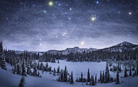 Starry Winter Night Sky Paesaggi Neve