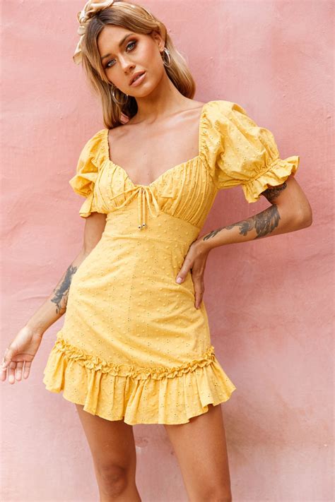 Hayden Puff Sleeve Eyelet Embroidery Dress Yellow Yellow Dress Casual