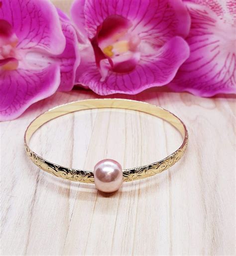 Hawaiian Pink Pearl Bangle Bracelet Handmade