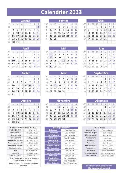 Calendrier 2023 Avec Jours Fériés Numéros De Semaines Et Dates Utiles