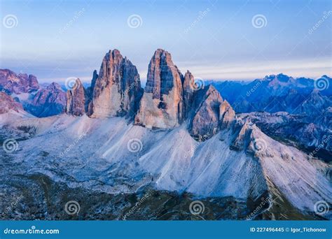 Eerial View Of The Three Peaks Of Lavaredo At Dusk Dolomites In