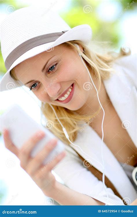 Portrait Of Beautiful Young Woman With Earphones Stock Photo Image Of