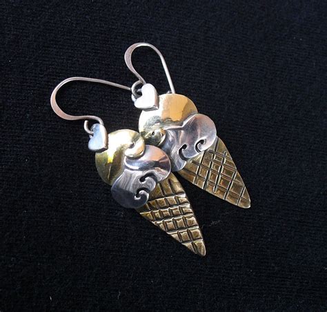 Ice Cream Cone Earrings In Sterling Silver And Brass Dangle Etsy Gifts For Her Dangles