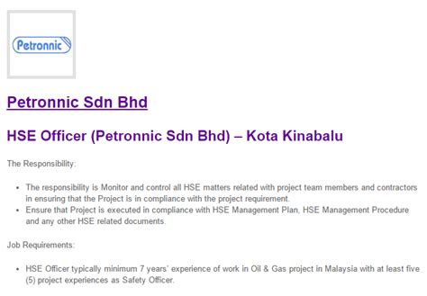 To perform a variety of clerical and administrative tasks within the department and the company, while to fully provide relevant office support to the. Oil &Gas Vacancies: HSE Officer (Petronnic Sdn Bhd) - Kota ...
