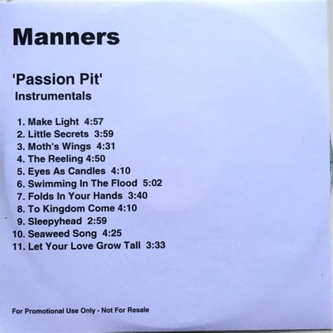 Passion Pit Manners Instrumentals 2009 Cdr Discogs