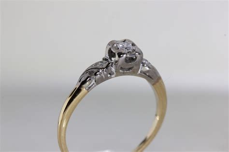 Antique 1940s Vintage Engagement Ring 14k White And Yellow Gold Diamond