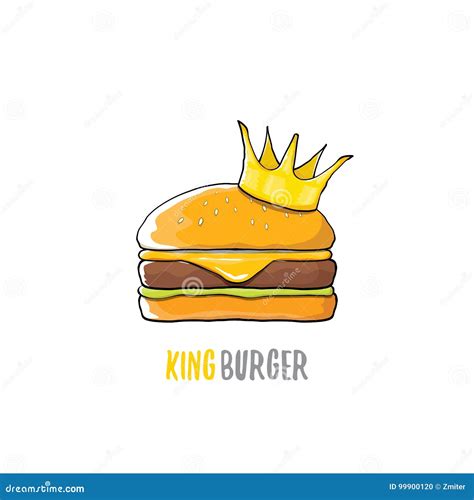 Vector Cartoon Royal King Burger With Cheese And Golden Crown Icon