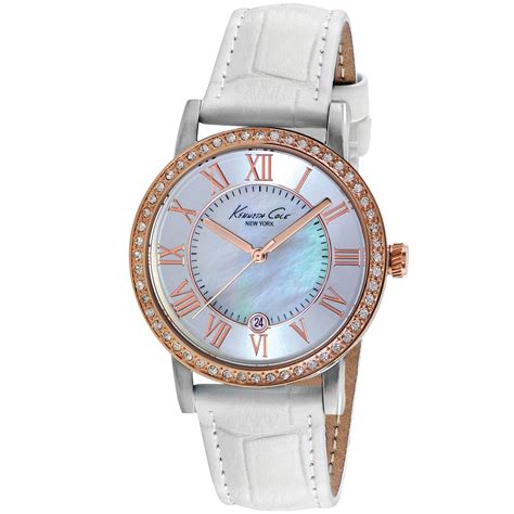 Kenneth Cole New York Womens White Leather Strap Watch 36mm In White