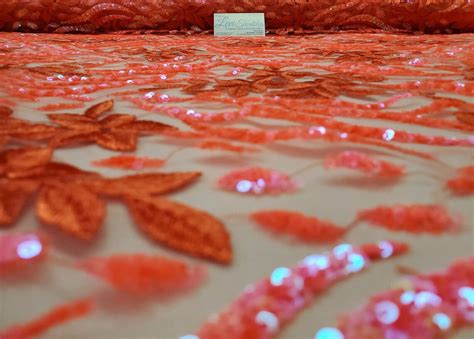 Iridescent Coral Sequin Lace Fabric Embroidered On Mesh W Etsy