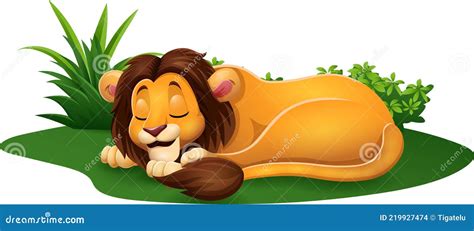 Cartoon Lion Sleeping On Grass Vector Illustration