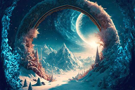 Fantasy Winter Snowy Landscape With Magic Portal Stock Illustration