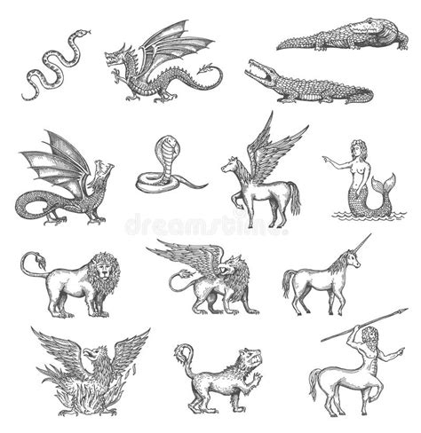 Unicorn Phoenix Dragon Pegasus Animlas Sketch Stock Illustration