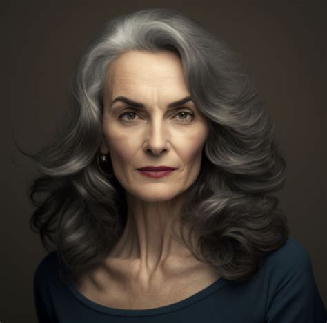 mature caucasian woman with thick voluminous grey hair natural makeup beautiful photographic