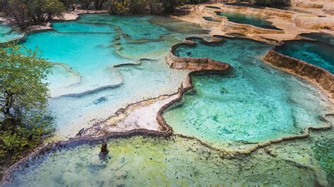 Colourful Pools Formed By Calcite Deposits Huanglong Sichuan Province