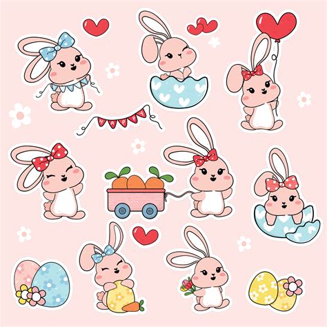 Group Of Cute Happy White Baby Bunny Rabbit With Carrot And Easter Egg