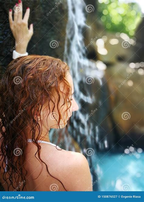 The Girl At The Waterfall Beautiful Woman Enjoying Bathing Near