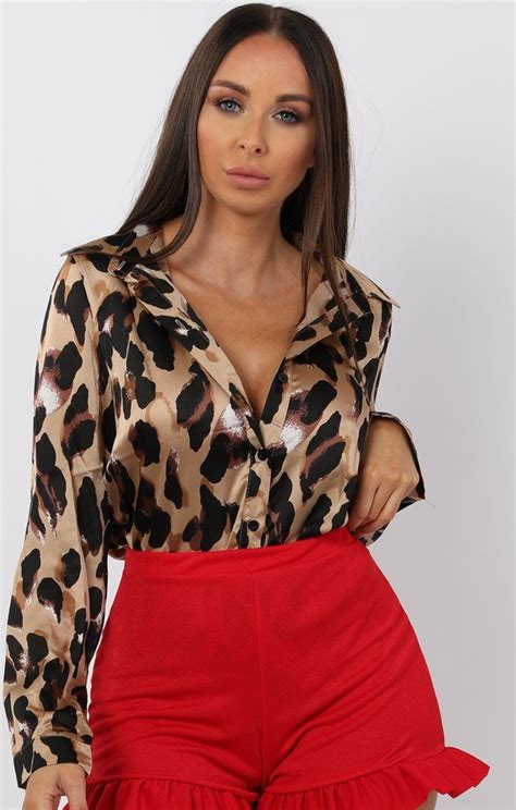 Tan Leopard Print Satin Shirt Tops Femme Luxe