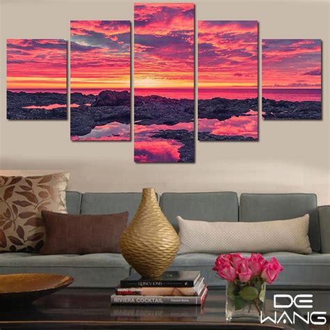 Pinkish Sunset Nature 5 Panel Canvas Art Wall Decor Canvas Storm