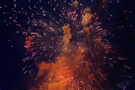 Colorful Fireworks On Dark Night Sky Background Holiday Light Stock