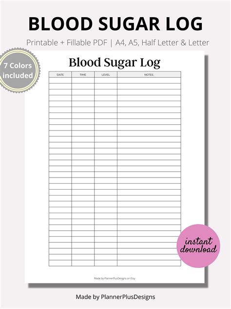 Blood Sugar Log Printable Blood Sugar Tracker Blood Glucose Tracker