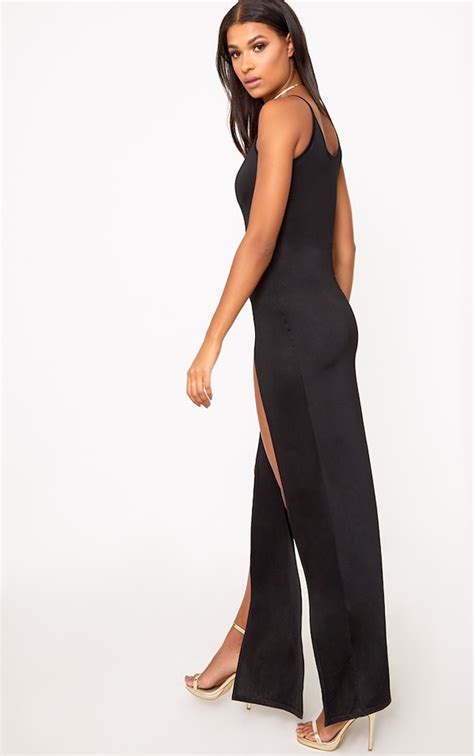 Black Slinky Extreme Split Maxi Dress Dresses Prettylittlething