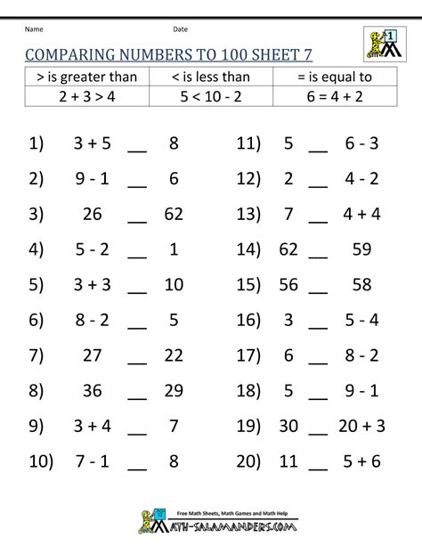 Greater Than Less Than Worksheet Comparing Numbers To 100