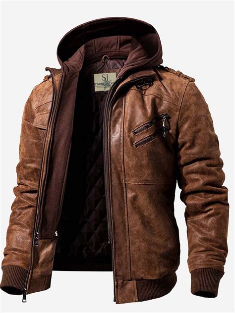 Brown Leather Bomber Jacket Mens With Removable Hood Ph