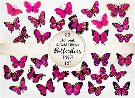 Hot Pink And Gold Glitter Butterflies Graphic By Pompadouratelier