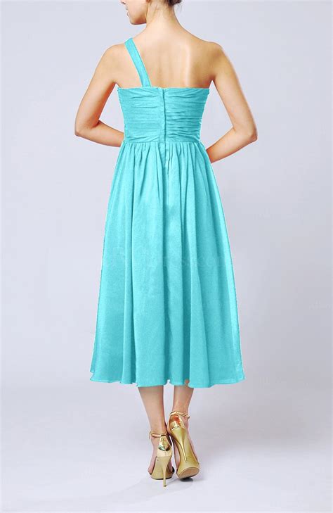 Turquoise Casual One Shoulder Sleeveless Chiffon Pleated Wedding Guest